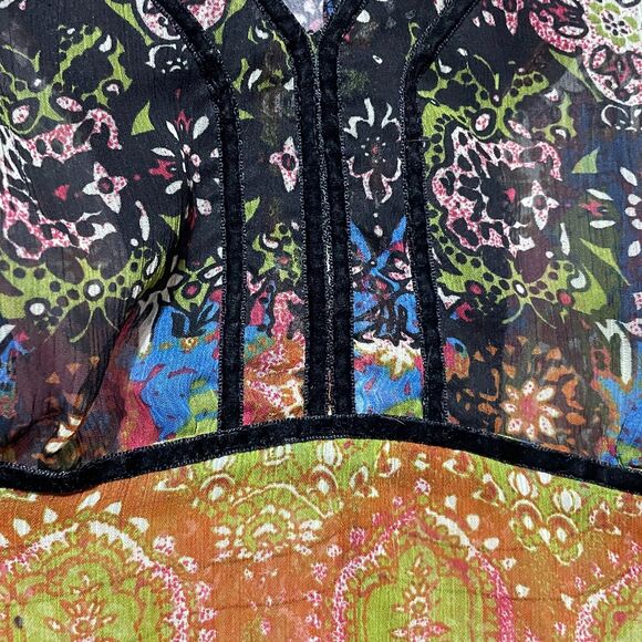 Bohemian Mixed Print Sheer Flowy Butterfly Sleeve Tunic Top Small - Picture 10 of 11